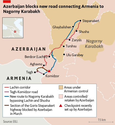 Map showcasing the roads to Nagorno-Karabakh and a checkpoint established by Azerbaijan. Source: Economist Intelligence, April 27, 2023.